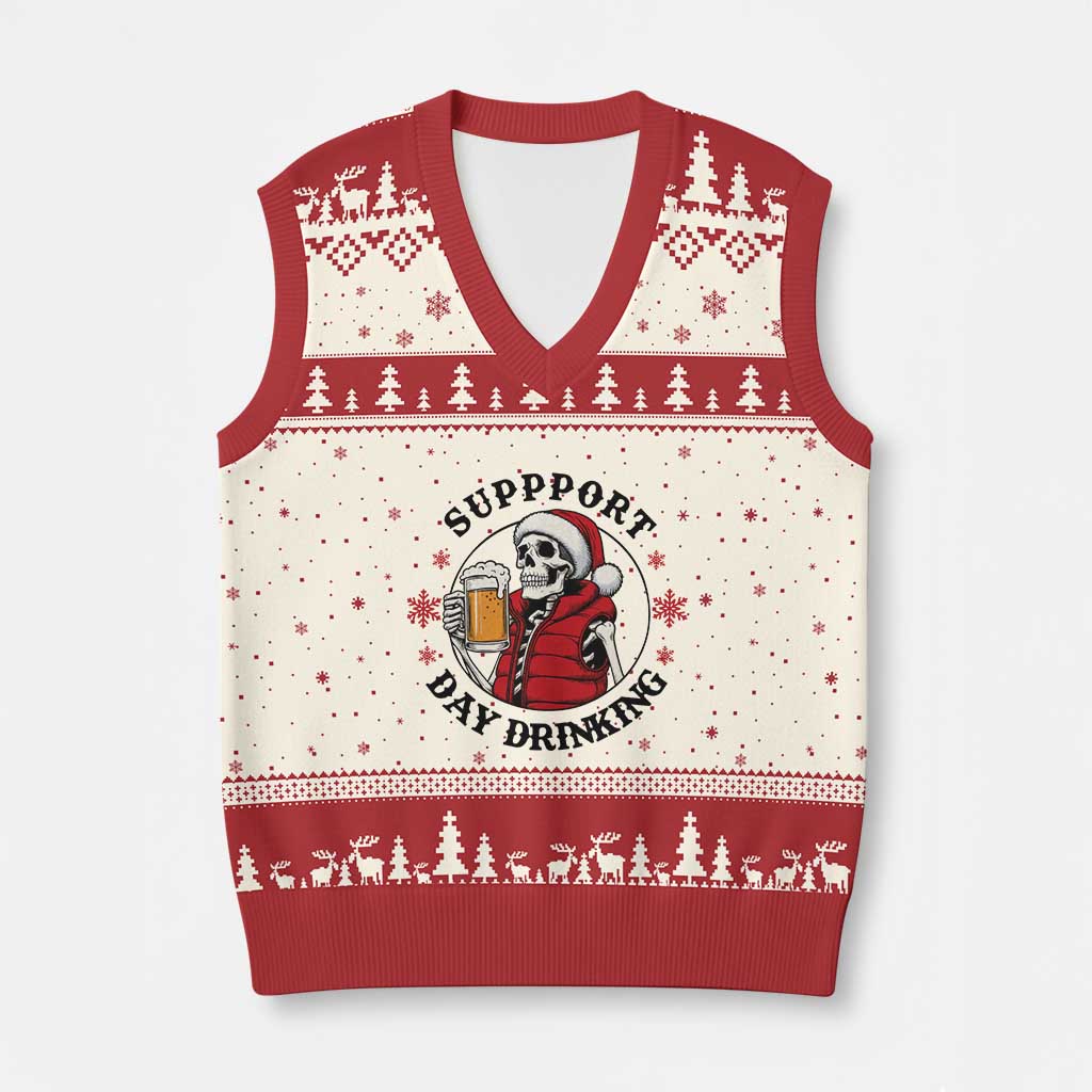 Funny Skeleton Beer Xmas V-Neck Knit Sweater Vest Support Day Drinking TS14 Beige Red Print Your Wear