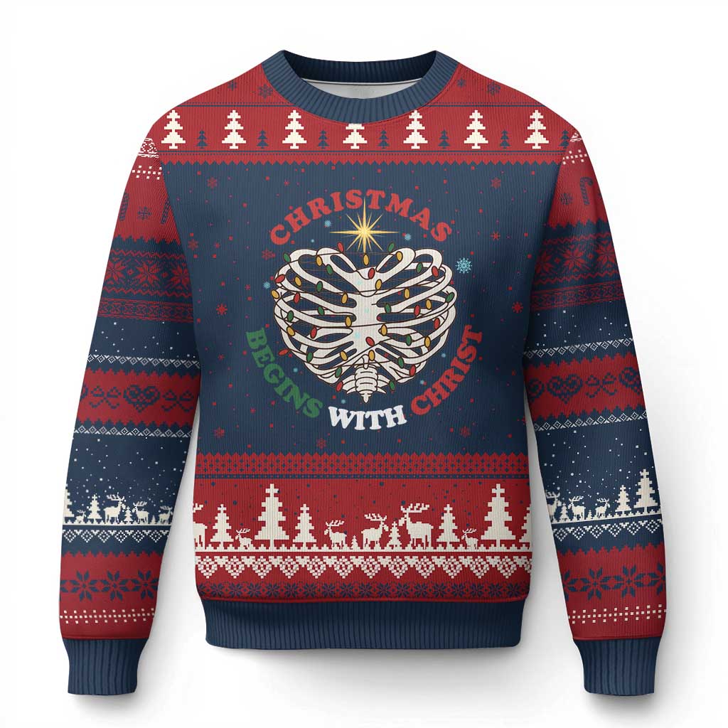 Funny Skeleton Christian Ugly Christmas Sweater Xmas Begins With Christ TS14 Navy Red Print Your Wear