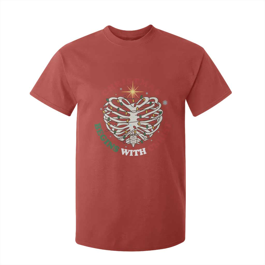 Funny Skeleton Christian T Shirt For Kid Christmas Begins With Christ TS14 Red Print Your Wear