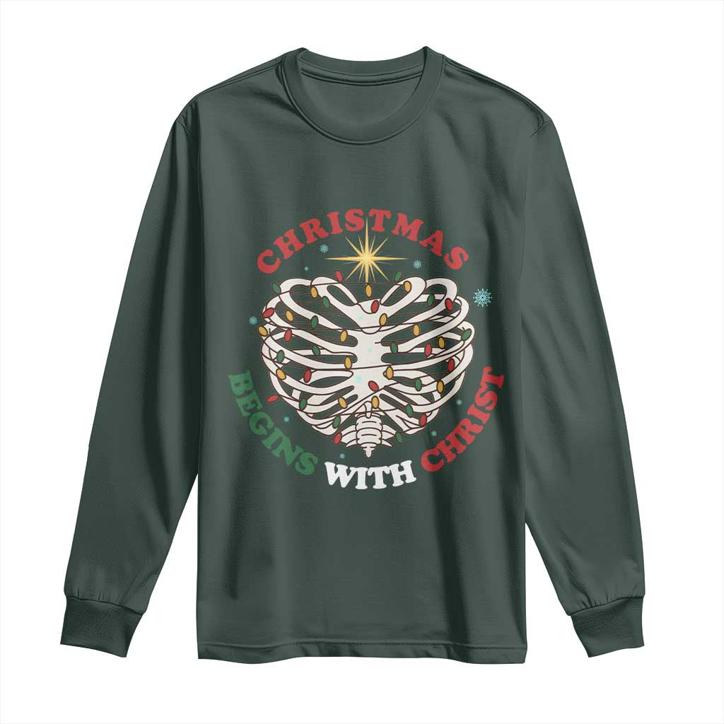 Funny Skeleton Christian Long Sleeve Shirt Christmas Begins With Christ TS14 Dark Forest Green Print Your Wear