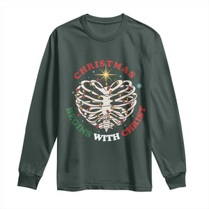 Funny Skeleton Christian Long Sleeve Shirt Christmas Begins With Christ TS14 Dark Forest Green Print Your Wear