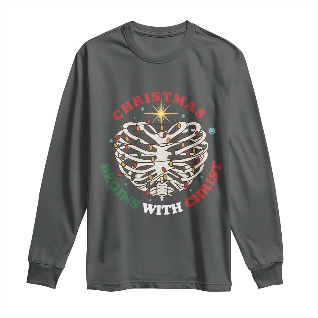 Funny Skeleton Christian Long Sleeve Shirt Christmas Begins With Christ TS14 Dark Heather Print Your Wear