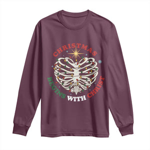 Funny Skeleton Christian Long Sleeve Shirt Christmas Begins With Christ TS14 Maroon Print Your Wear
