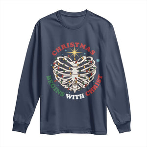Funny Skeleton Christian Long Sleeve Shirt Christmas Begins With Christ TS14 Navy Print Your Wear