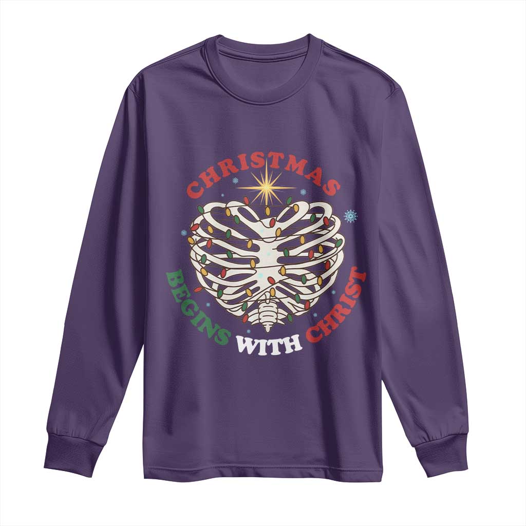 Funny Skeleton Christian Long Sleeve Shirt Christmas Begins With Christ TS14 Purple Print Your Wear