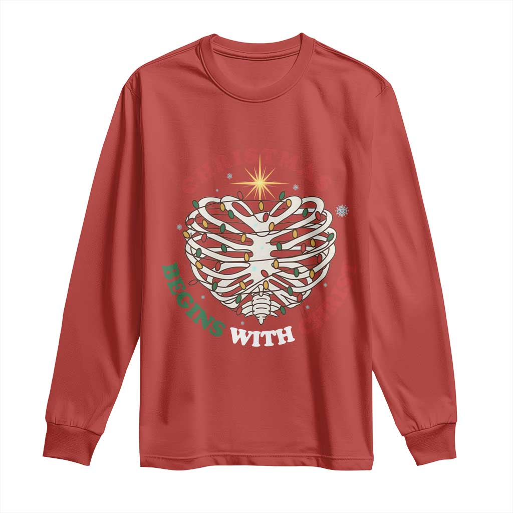 Funny Skeleton Christian Long Sleeve Shirt Christmas Begins With Christ TS14 Red Print Your Wear
