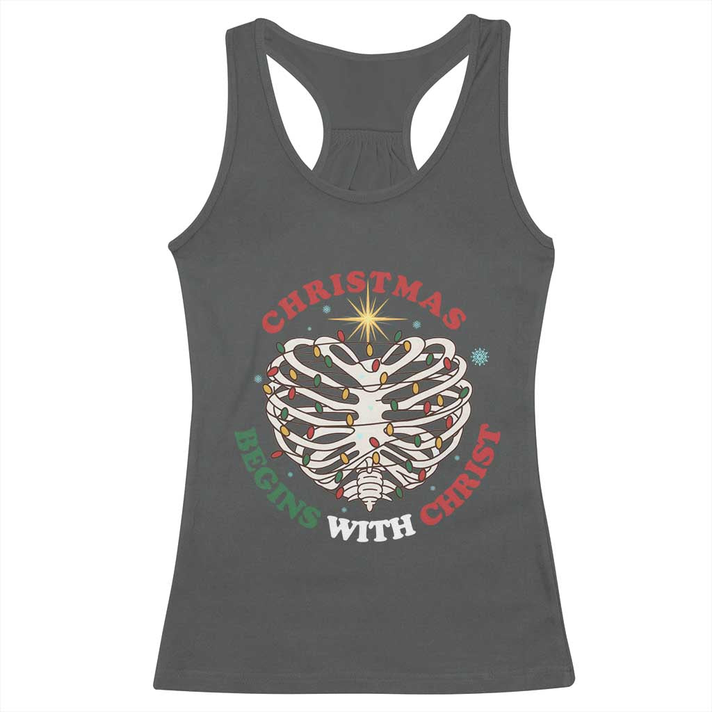 Funny Skeleton Christian Racerback Tank Top Christmas Begins With Christ TS14 Dark Heather Print Your Wear