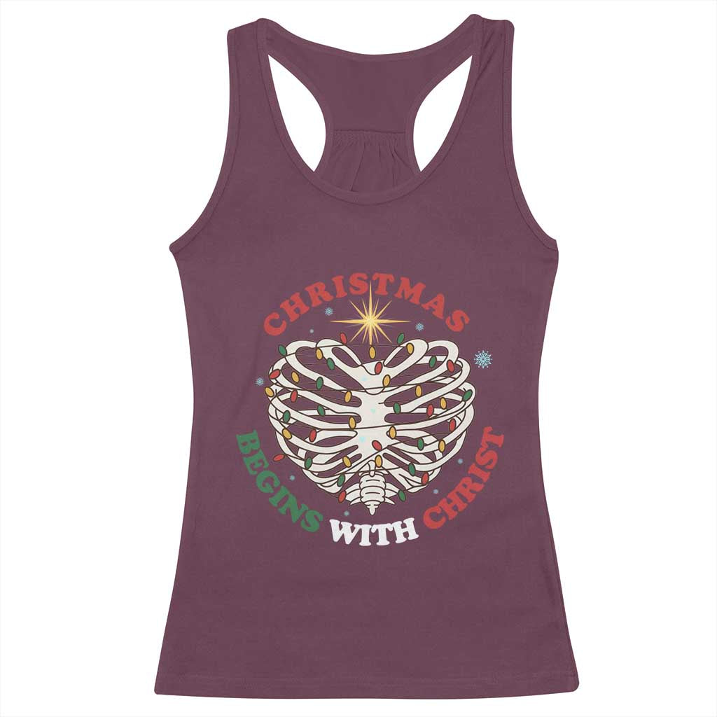 Funny Skeleton Christian Racerback Tank Top Christmas Begins With Christ TS14 Maroon Print Your Wear