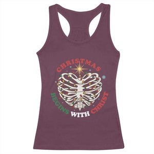 Funny Skeleton Christian Racerback Tank Top Christmas Begins With Christ TS14 Maroon Print Your Wear
