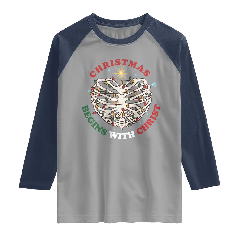 Funny Skeleton Christian Raglan Shirt Christmas Begins With Christ TS14 Sport Gray Navy Print Your Wear