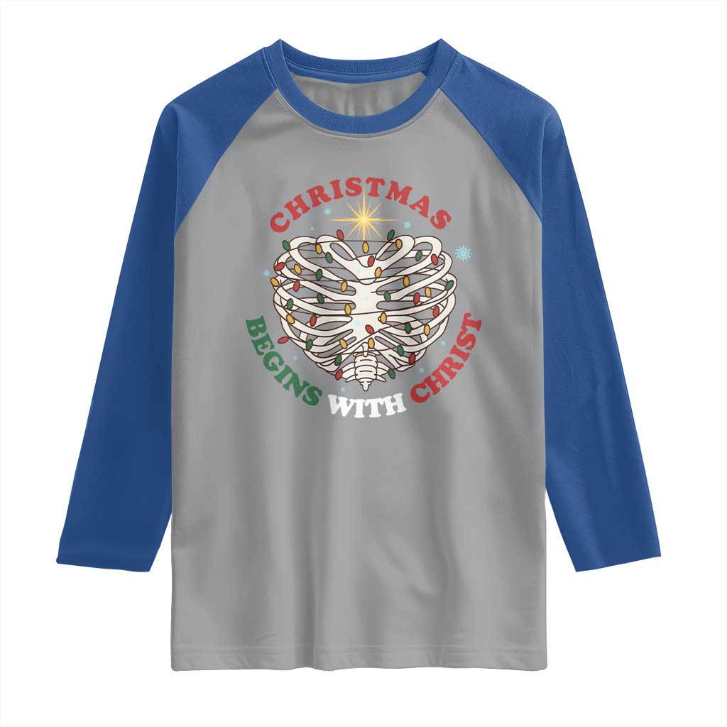 Funny Skeleton Christian Raglan Shirt Christmas Begins With Christ TS14 Sport Gray Royal Print Your Wear
