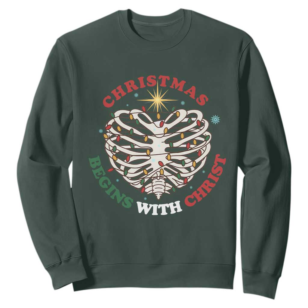 Funny Skeleton Christian Sweatshirt Christmas Begins With Christ TS14 Dark Forest Green Print Your Wear