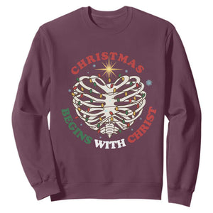 Funny Skeleton Christian Sweatshirt Christmas Begins With Christ TS14 Maroon Print Your Wear