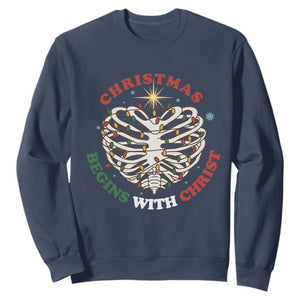 Funny Skeleton Christian Sweatshirt Christmas Begins With Christ TS14 Navy Print Your Wear