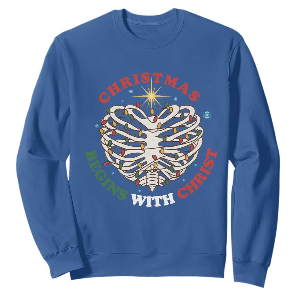 Funny Skeleton Christian Sweatshirt Christmas Begins With Christ TS14 Royal Blue Print Your Wear