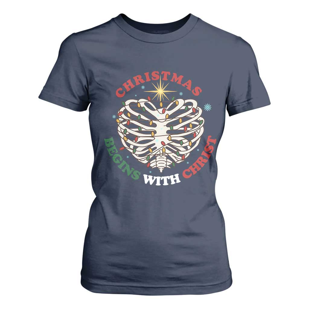 Funny Skeleton Christian T Shirt For Women Christmas Begins With Christ TS14 Navy Print Your Wear
