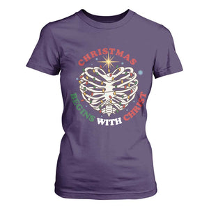 Funny Skeleton Christian T Shirt For Women Christmas Begins With Christ TS14 Purple Print Your Wear