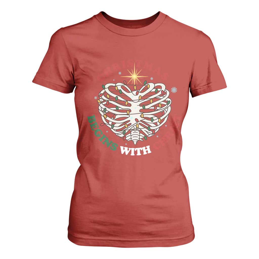 Funny Skeleton Christian T Shirt For Women Christmas Begins With Christ TS14 Red Print Your Wear