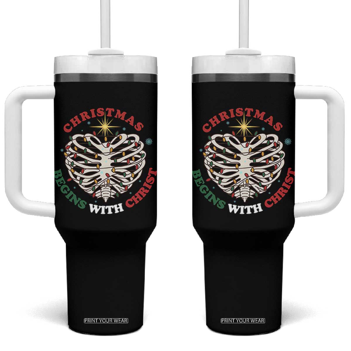 Funny Skeleton Christian Tumbler With Handle Christmas Begins With Christ TS14 One Size: 40 oz Black Print Your Wear