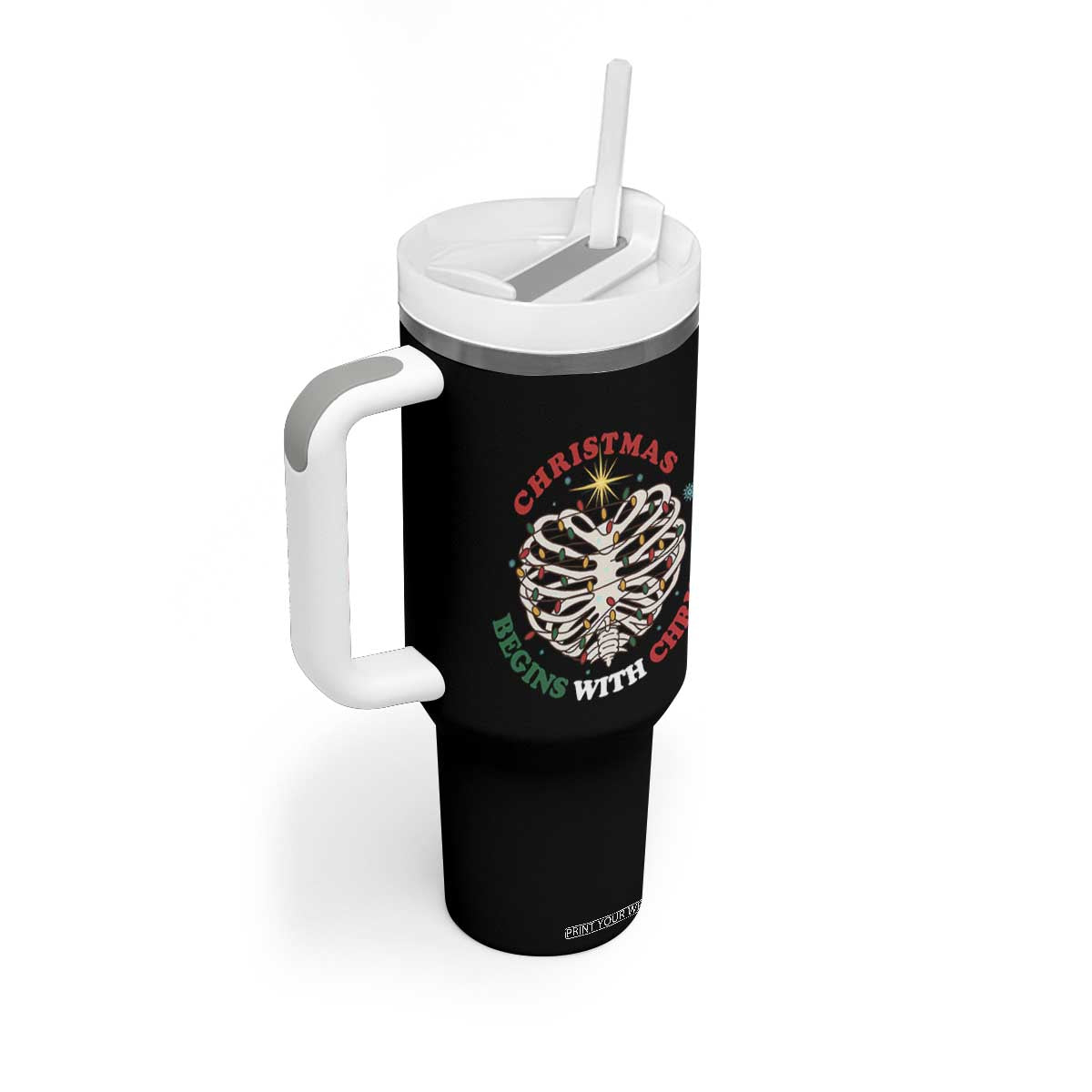 Funny Skeleton Christian Tumbler With Handle Christmas Begins With Christ TS14 Print Your Wear