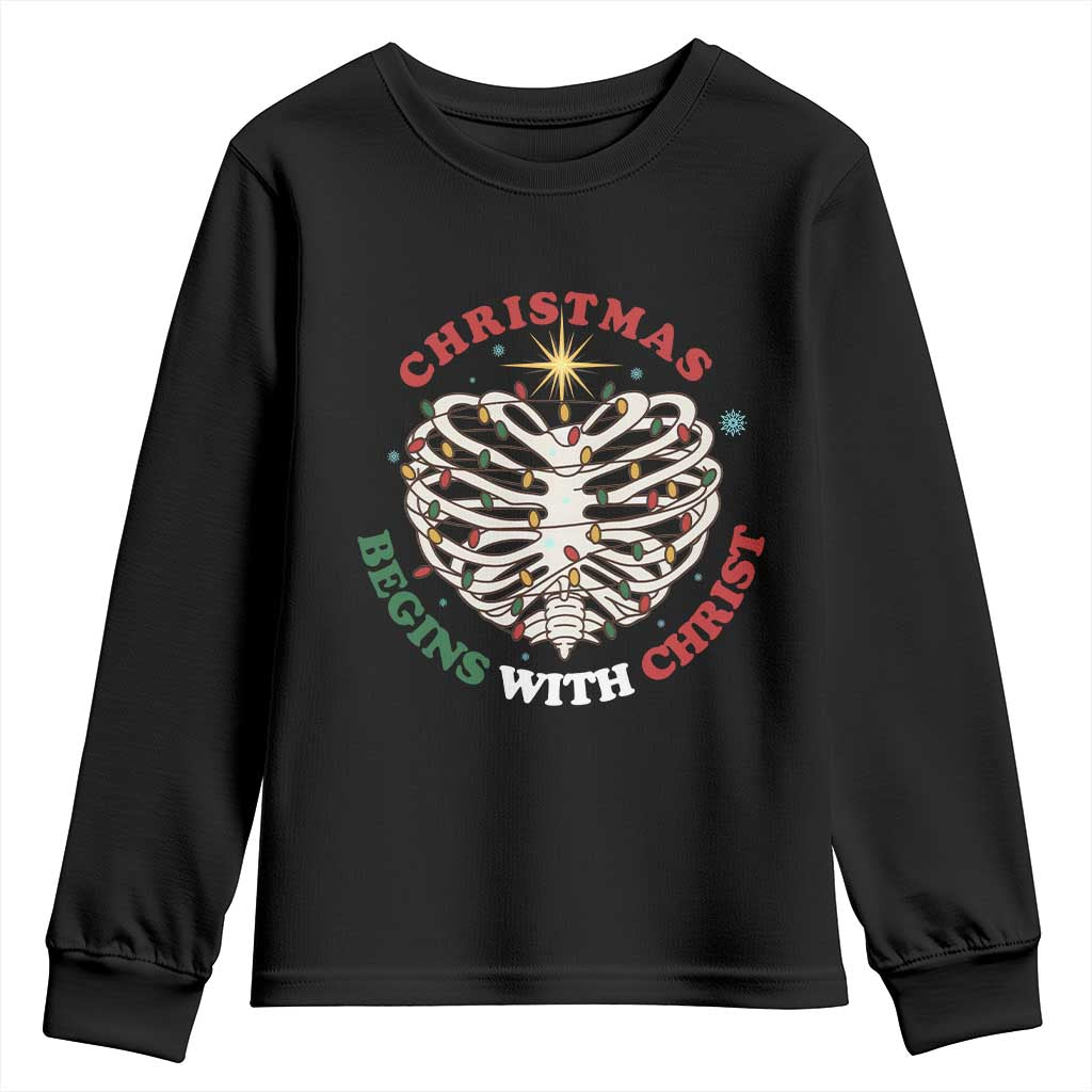 Funny Skeleton Christian Youth Sweatshirt Christmas Begins With Christ TS14 Black Print Your Wear