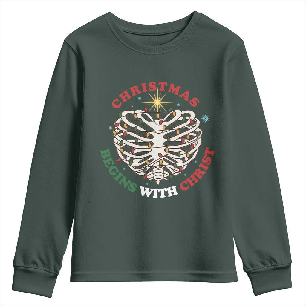 Funny Skeleton Christian Youth Sweatshirt Christmas Begins With Christ TS14 Dark Forest Green Print Your Wear