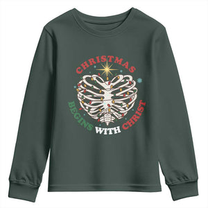 Funny Skeleton Christian Youth Sweatshirt Christmas Begins With Christ TS14 Dark Forest Green Print Your Wear
