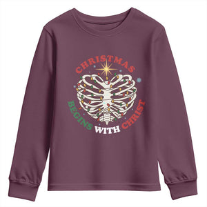 Funny Skeleton Christian Youth Sweatshirt Christmas Begins With Christ TS14 Maroon Print Your Wear