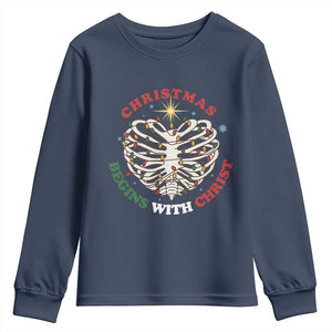 Funny Skeleton Christian Youth Sweatshirt Christmas Begins With Christ TS14 Navy Print Your Wear