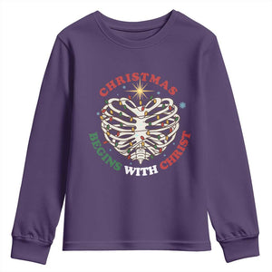 Funny Skeleton Christian Youth Sweatshirt Christmas Begins With Christ TS14 Purple Print Your Wear