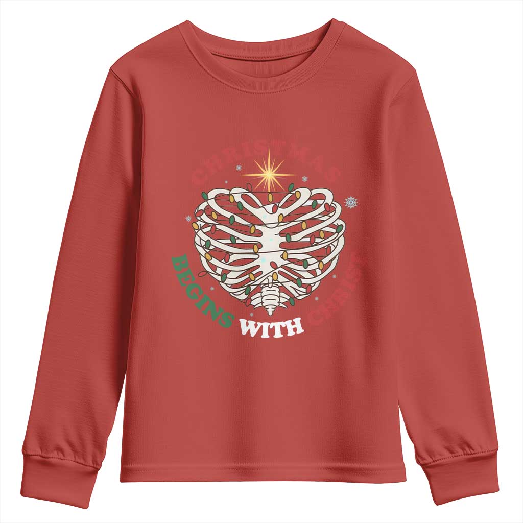Funny Skeleton Christian Youth Sweatshirt Christmas Begins With Christ TS14 Red Print Your Wear