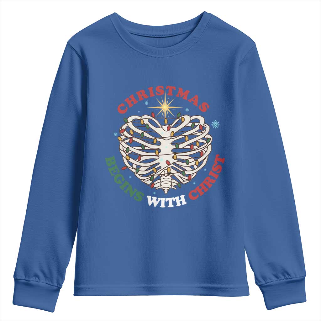 Funny Skeleton Christian Youth Sweatshirt Christmas Begins With Christ TS14 Royal Blue Print Your Wear