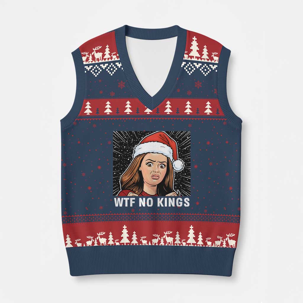 No Kings V-Neck Knit Sweater Vest Funny Doll Face Meme Xmas TS14 Navy Red Print Your Wear