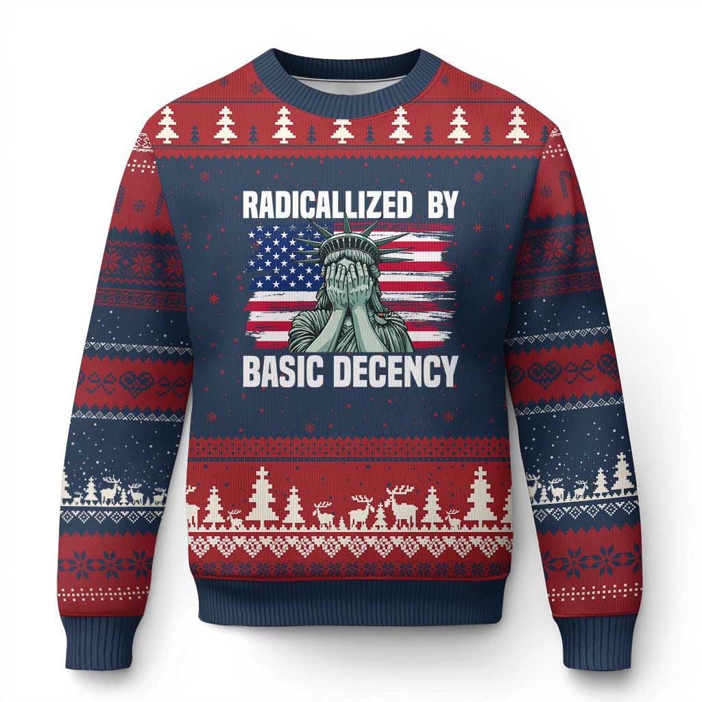 Statue of Liberty Patriotic Ugly Christmas Sweater Radicalized By Basic Decency TS14 Navy Red Print Your Wear