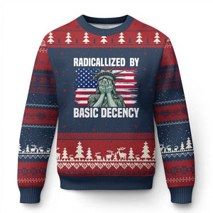 Statue of Liberty Patriotic Ugly Christmas Sweater Radicalized By Basic Decency TS14 Navy Red Print Your Wear