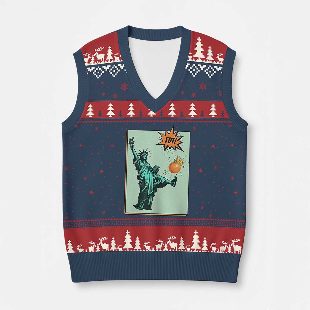 No Kings V-Neck Knit Sweater Vest Statue of Liberty Political Protest TS14 Navy Red Print Your Wear