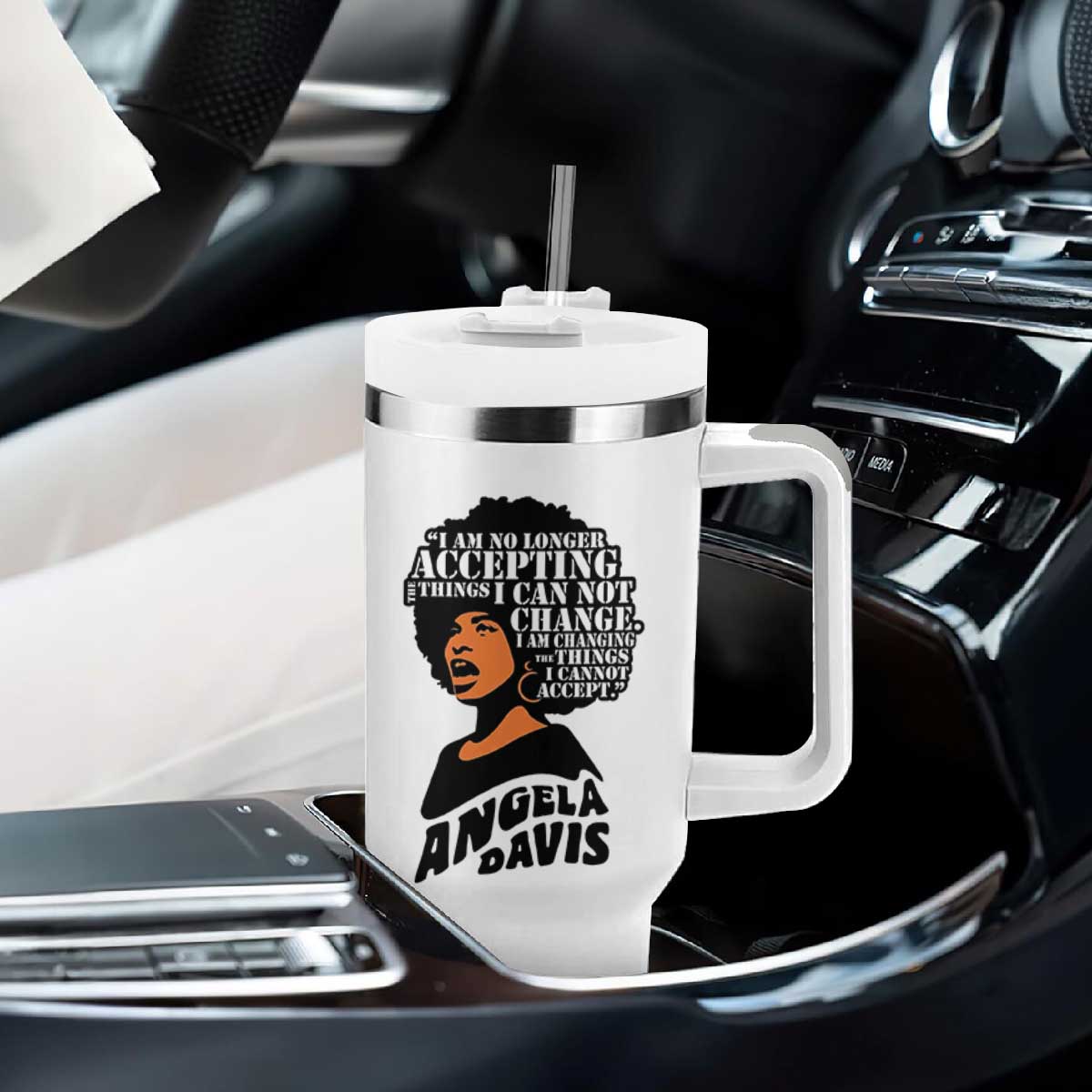Angela Davis Inspirational Quote Tumbler With Handle I Am No Longer Accepting The Things I Cannot Change TS14 Print Your Wear