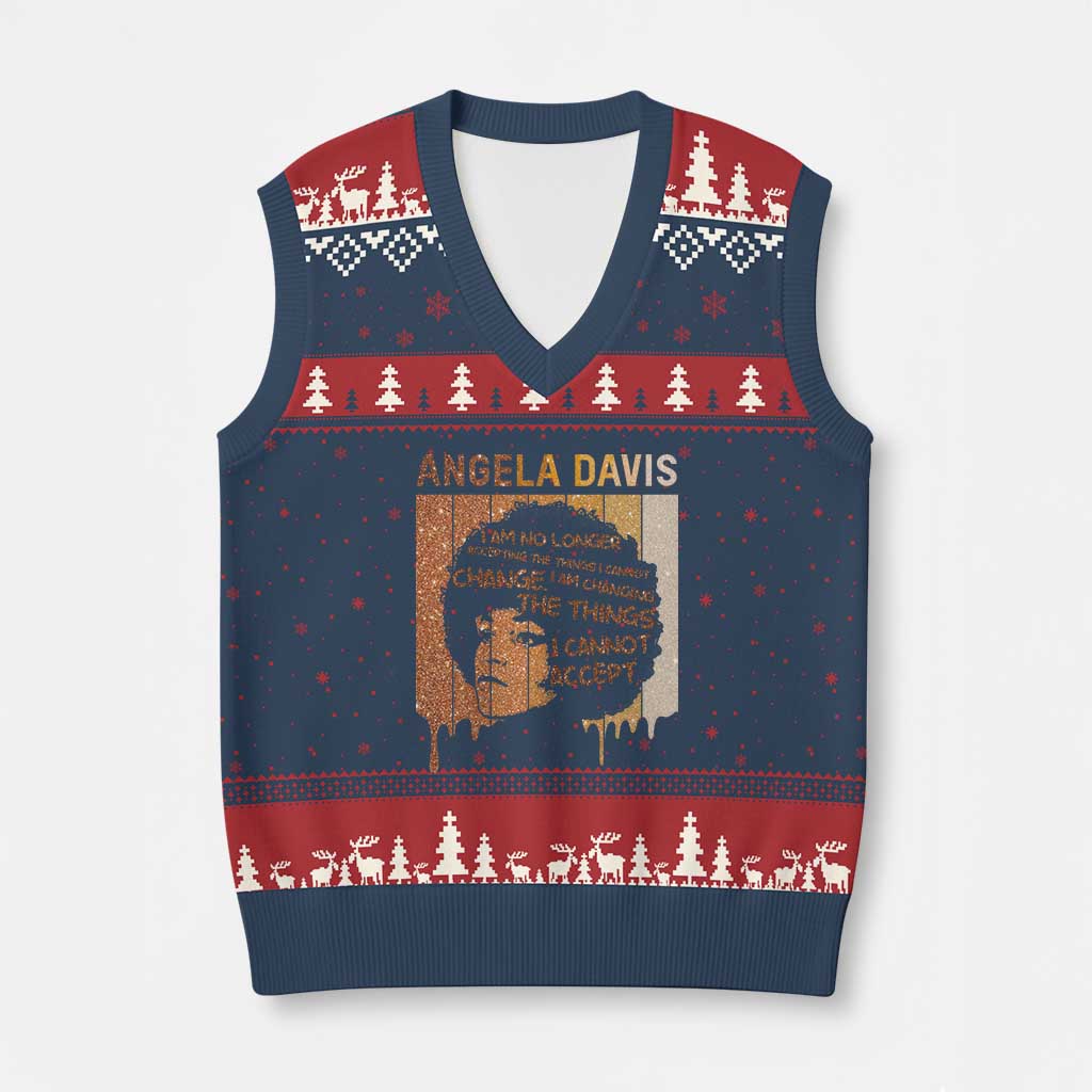 Angela Davis Quote V-Neck Knit Sweater Vest I Am No Longer Accepting The Things I Cannot Change TS14 Navy Red Print Your Wear