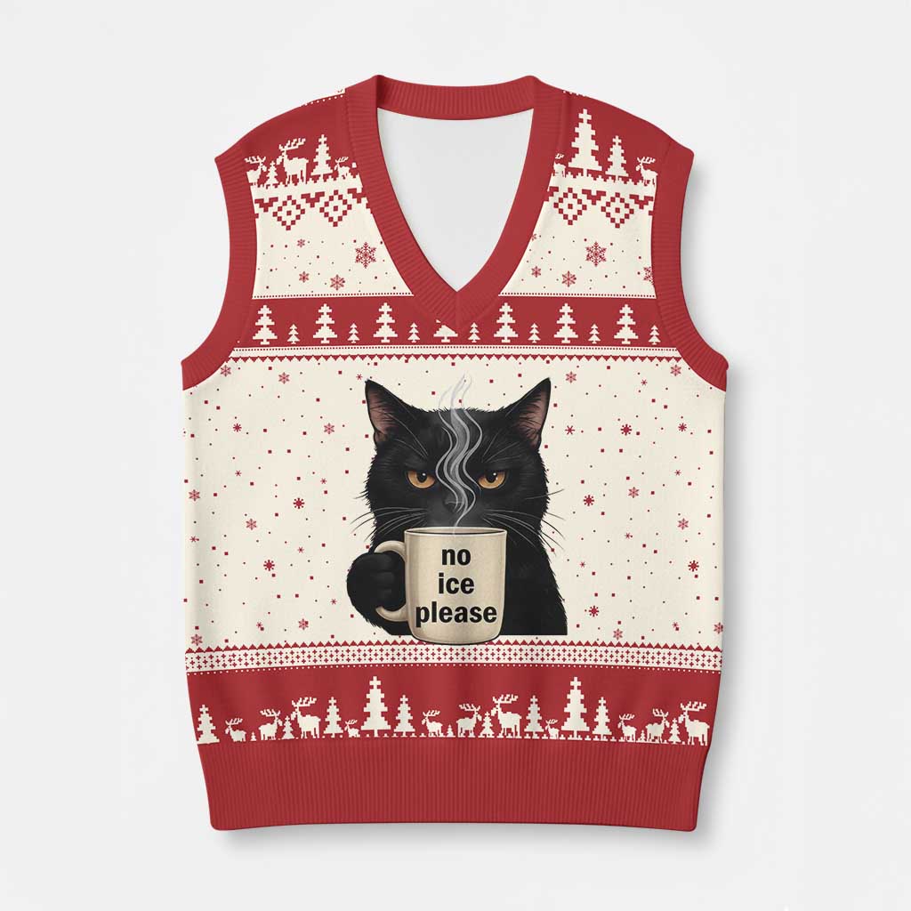 No Ice Please V-Neck Knit Sweater Vest Funny Black Cat Anti ICE Meme TS14 Beige Red Print Your Wear