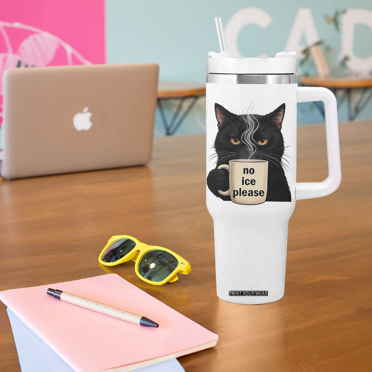 No Ice Please Tumbler With Handle Funny Black Cat Anti ICE Meme TS14 Print Your Wear