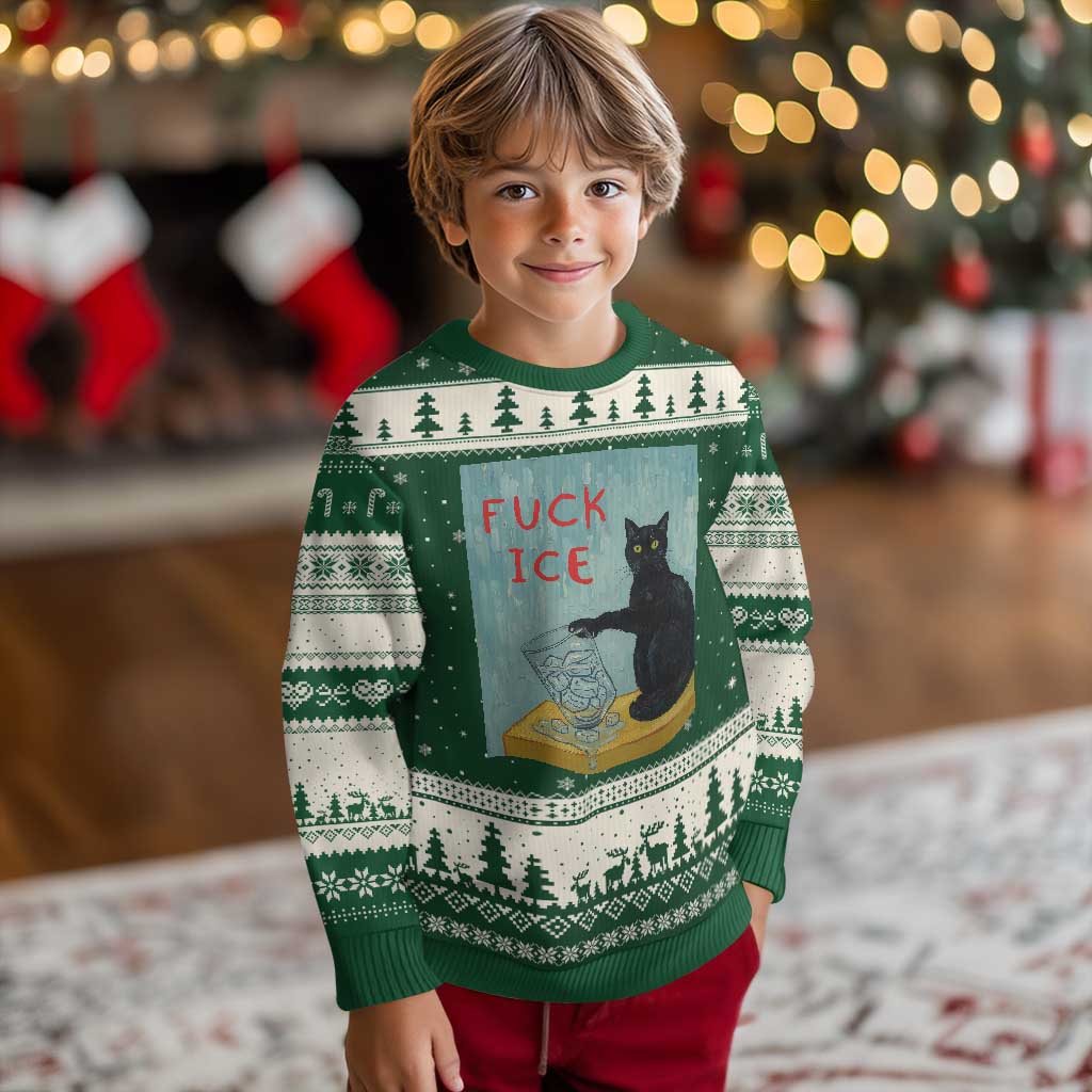 No Ice Please Ugly Christmas Sweater Funny Cat Anti ICE Artist Meme TS14 Forest Green Beige Print Your Wear
