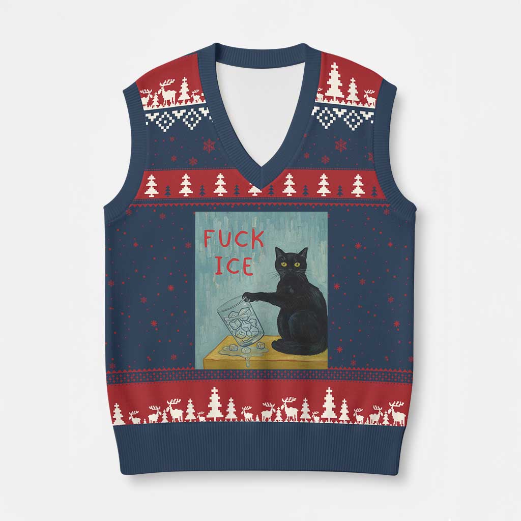No Ice Please V-Neck Knit Sweater Vest Funny Cat Anti ICE Artist Meme TS14 Navy Red Print Your Wear