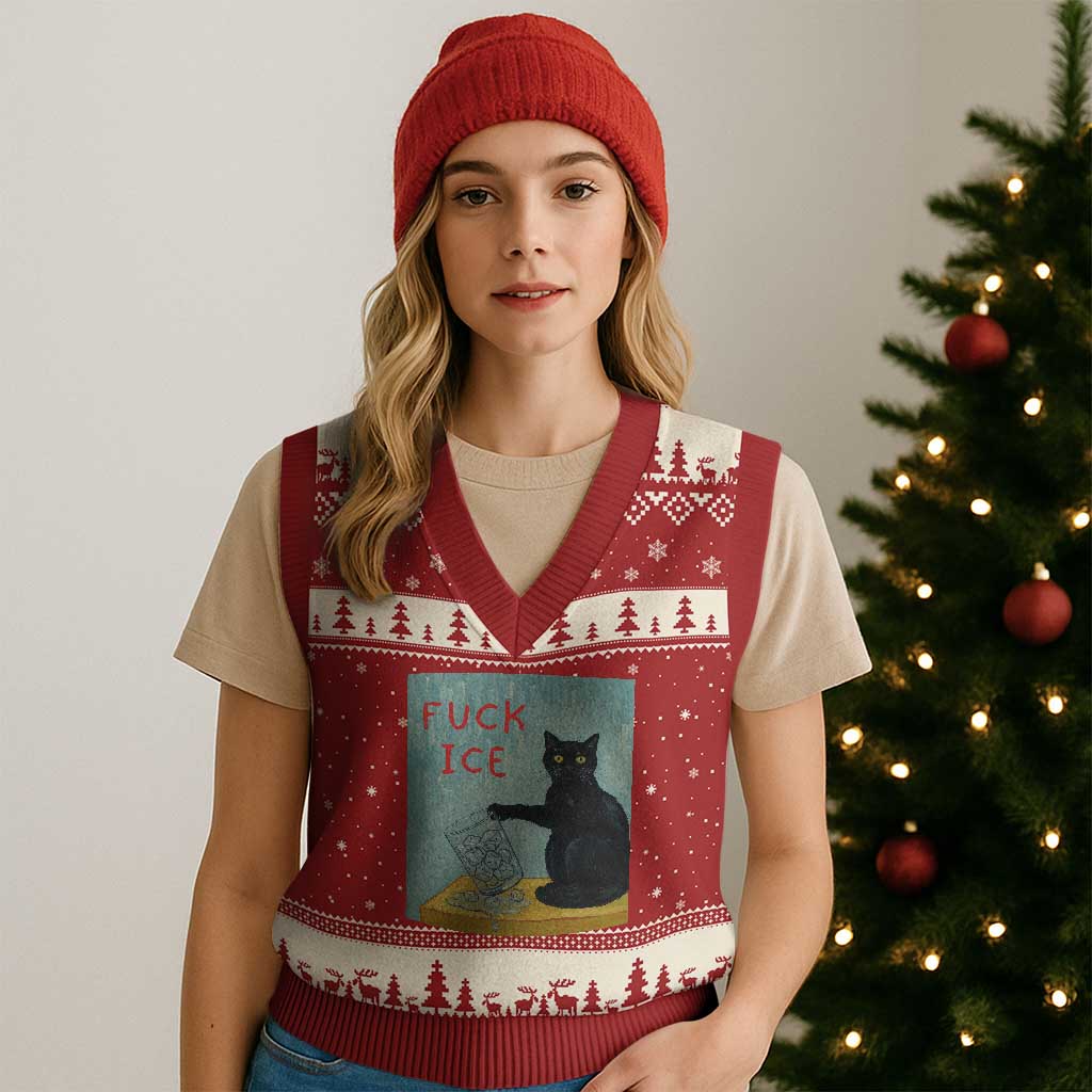 No Ice Please V-Neck Knit Sweater Vest Funny Cat Anti ICE Artist Meme TS14 Red Beige Print Your Wear
