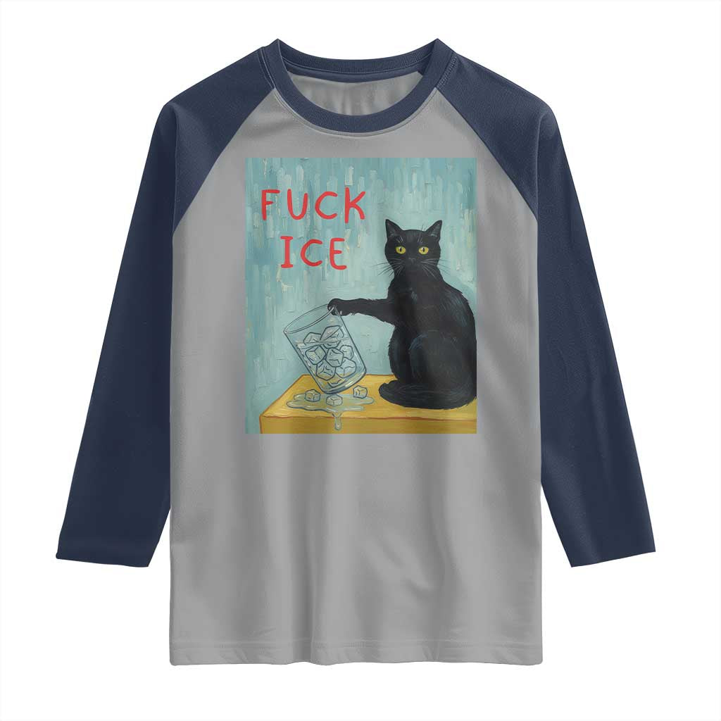 No Ice Please Raglan Shirt Funny Cat Anti ICE Artist Meme TS14 Sport Gray Navy Print Your Wear