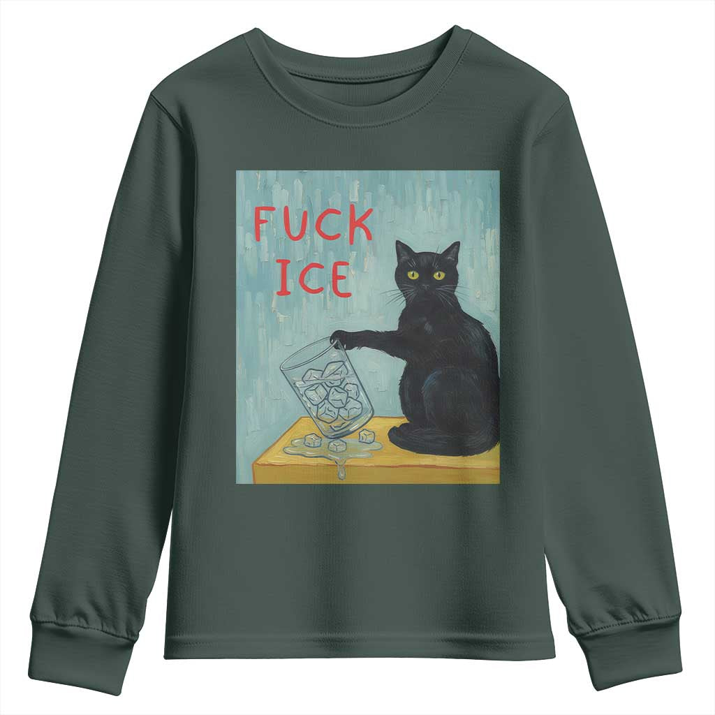 No Ice Please Youth Sweatshirt Funny Cat Anti ICE Artist Meme TS14 Dark Forest Green Print Your Wear
