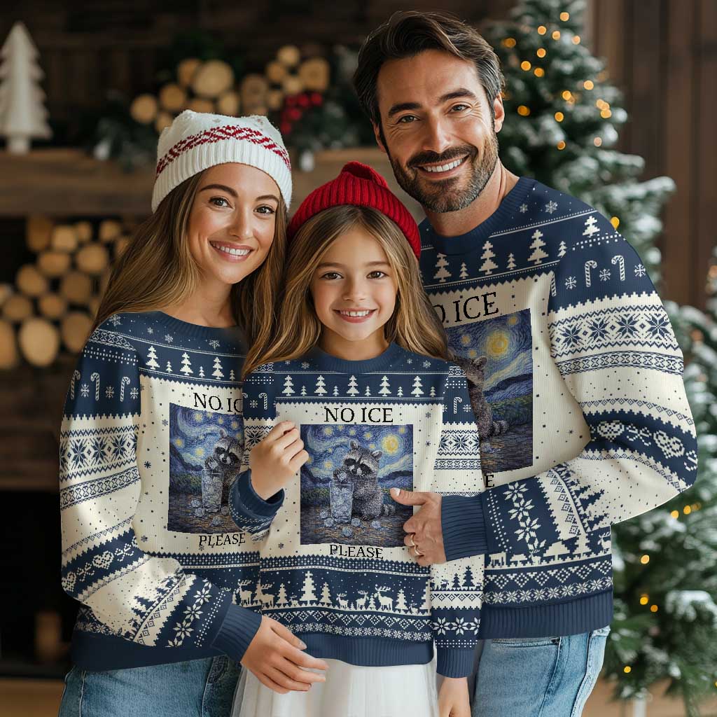 No Ice Please Ugly Christmas Sweater Starry Night Raccoon Trash Panda Anti ICE Meme TS14 Beige Navy Print Your Wear
