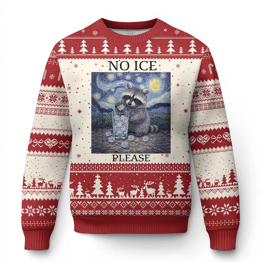 No Ice Please Ugly Christmas Sweater Starry Night Raccoon Trash Panda Anti ICE Meme TS14 Beige Red Print Your Wear