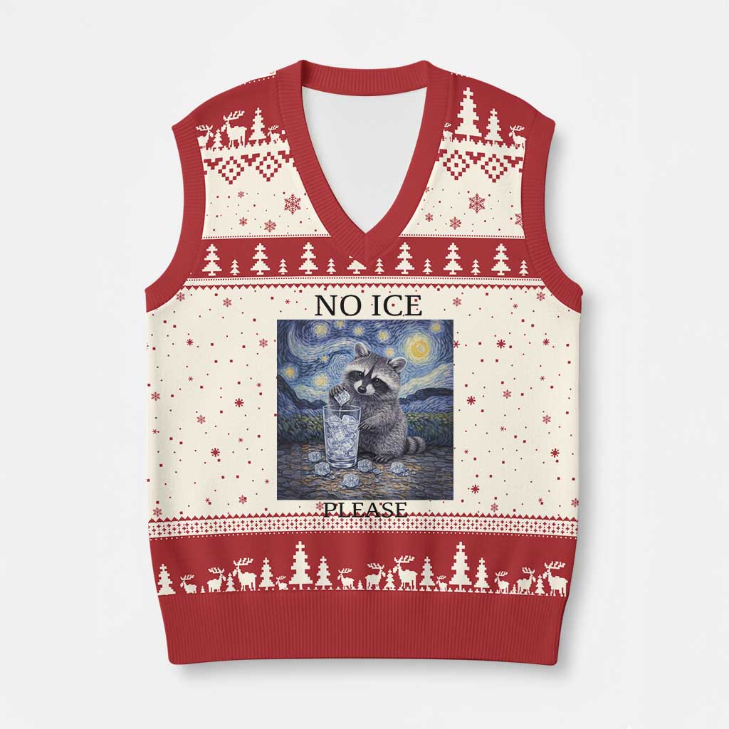 No Ice Please V-Neck Knit Sweater Vest Starry Night Raccoon Trash Panda Anti ICE Meme TS14 Beige Red Print Your Wear