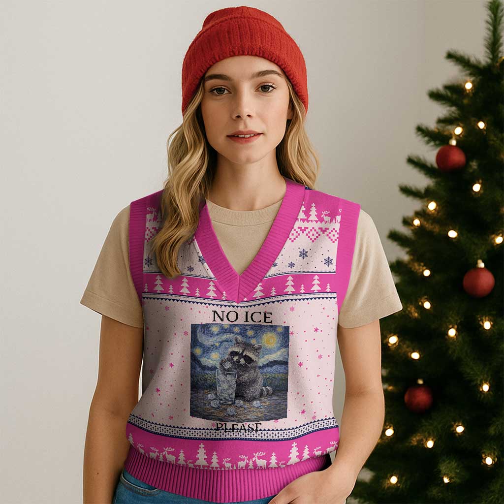 No Ice Please V-Neck Knit Sweater Vest Starry Night Raccoon Trash Panda Anti ICE Meme TS14 Hot Pink Print Your Wear