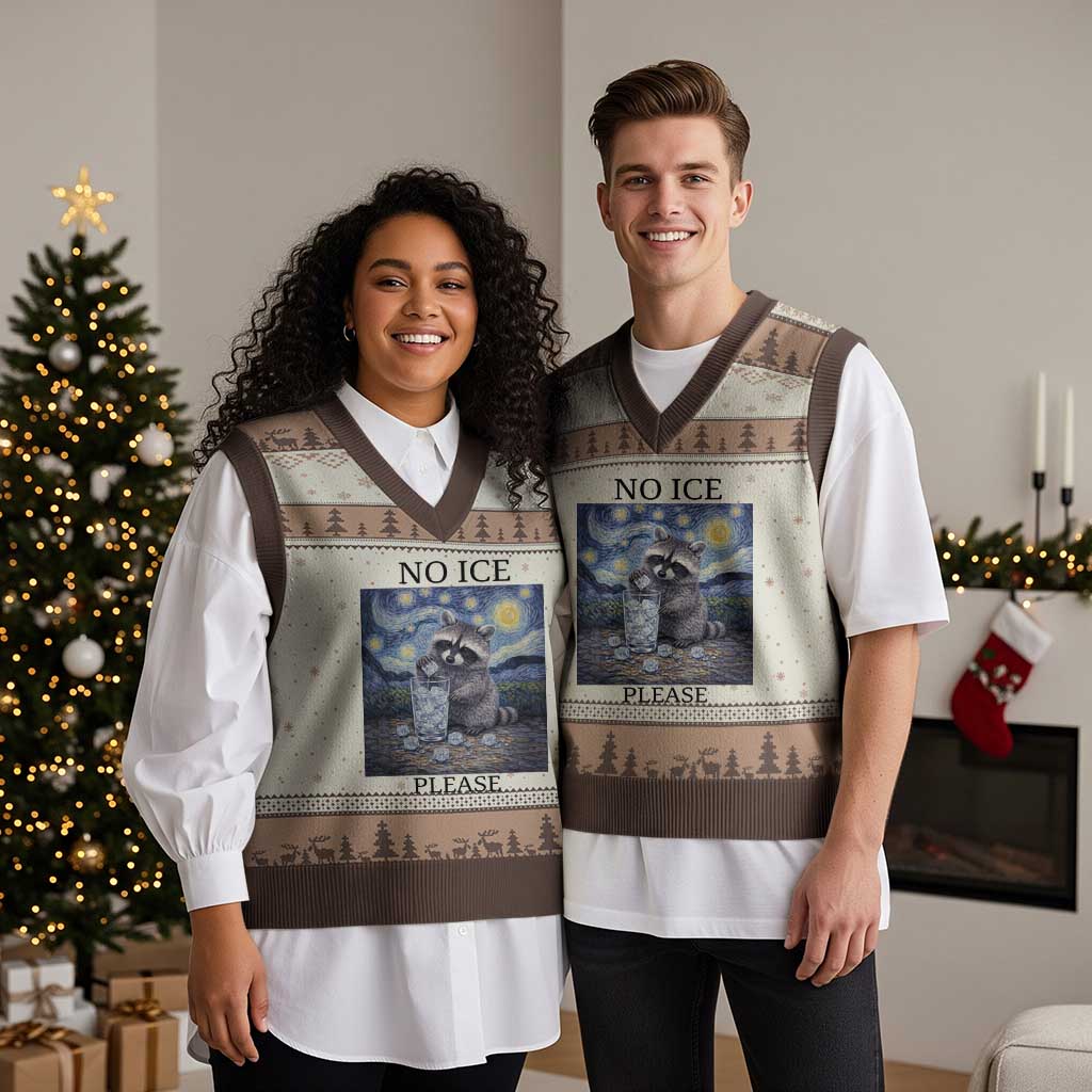 No Ice Please V-Neck Knit Sweater Vest Starry Night Raccoon Trash Panda Anti ICE Meme TS14 Mocha Mousse Print Your Wear